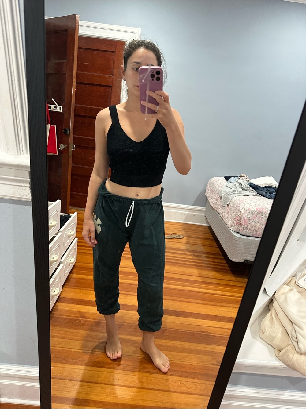 Re/Done Black Ribbed V-Neck Crop Tank